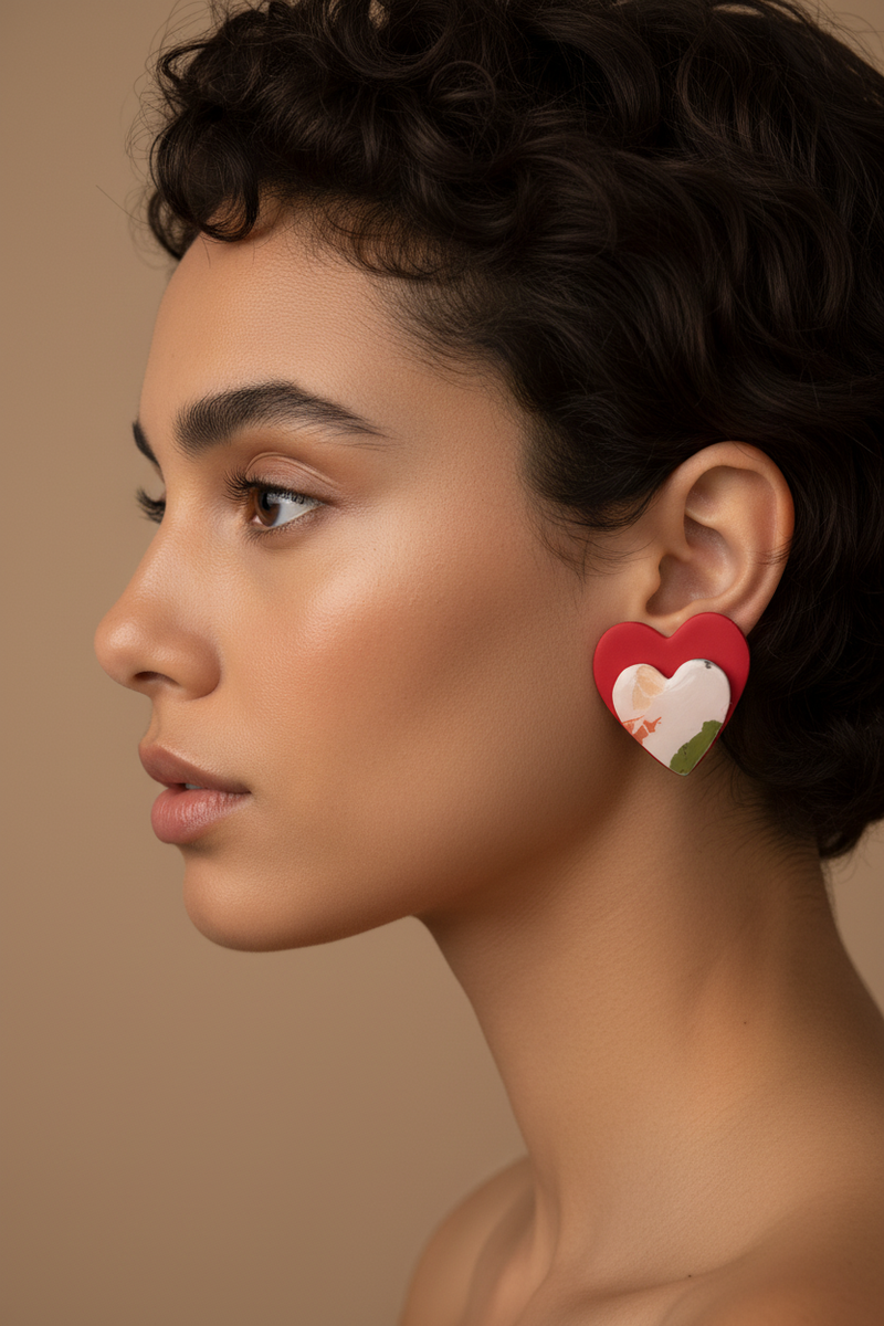 Red Heart Clay Earring - Light Skin Mixed Woman Short Curly Hair