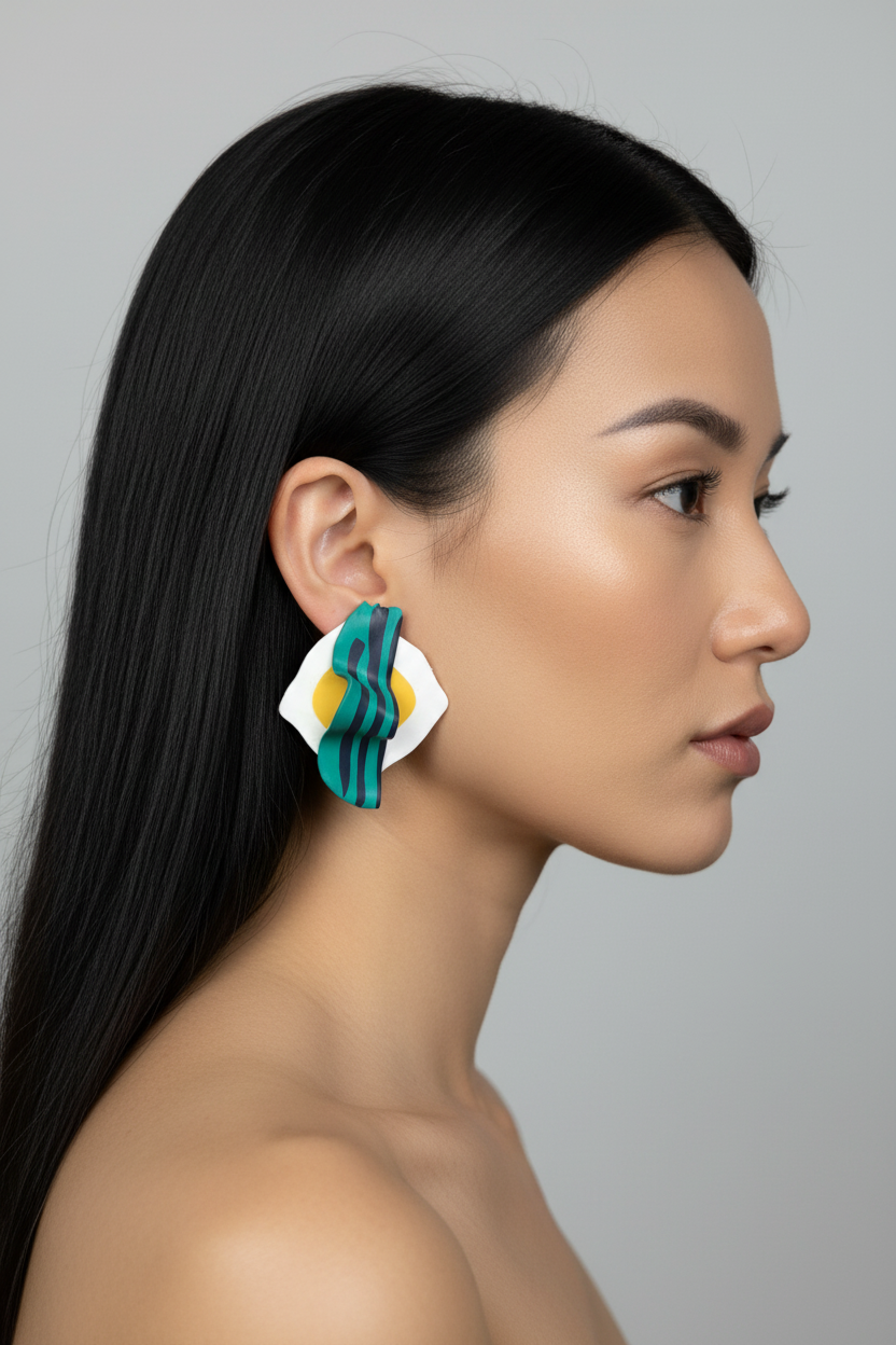 Bacon and Egg Earring on Model