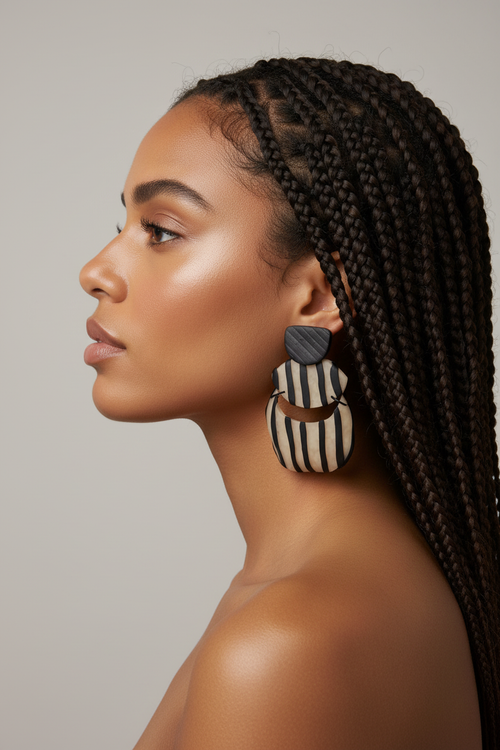 Black and beige stripe earring on model