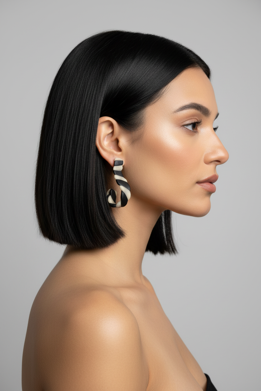 Black White Spiral Earrings on Model