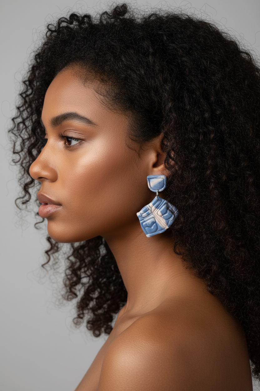 Blue chunky square earring on model