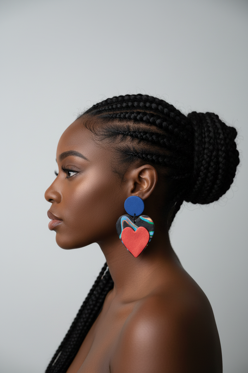 Blue Circle Holographic Heart Earring on Model