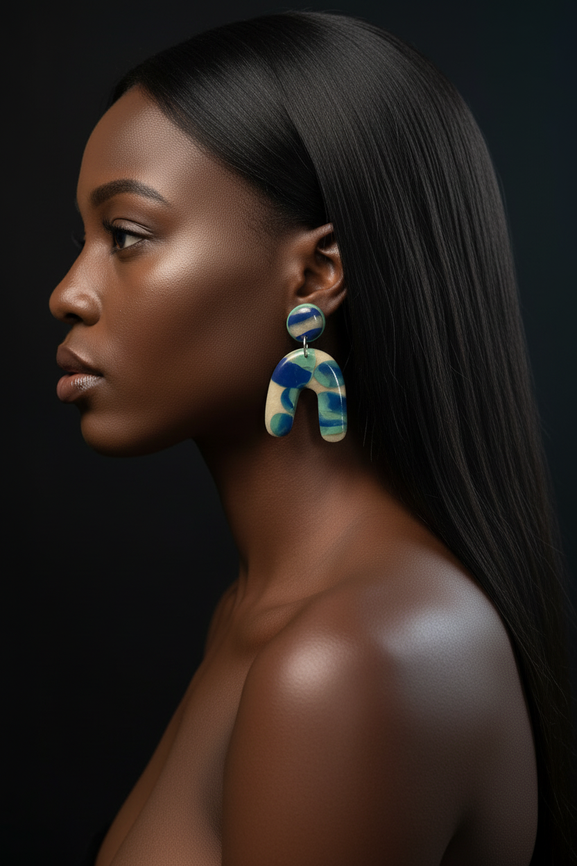 Blue Marbled Arch Earring - Black Woman Straight Hair