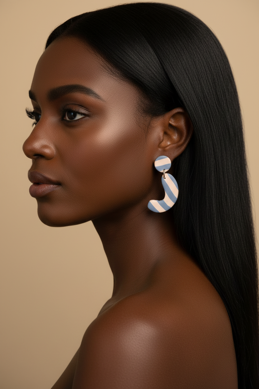 Blue Striped Earring - Black Woman Straight Hair