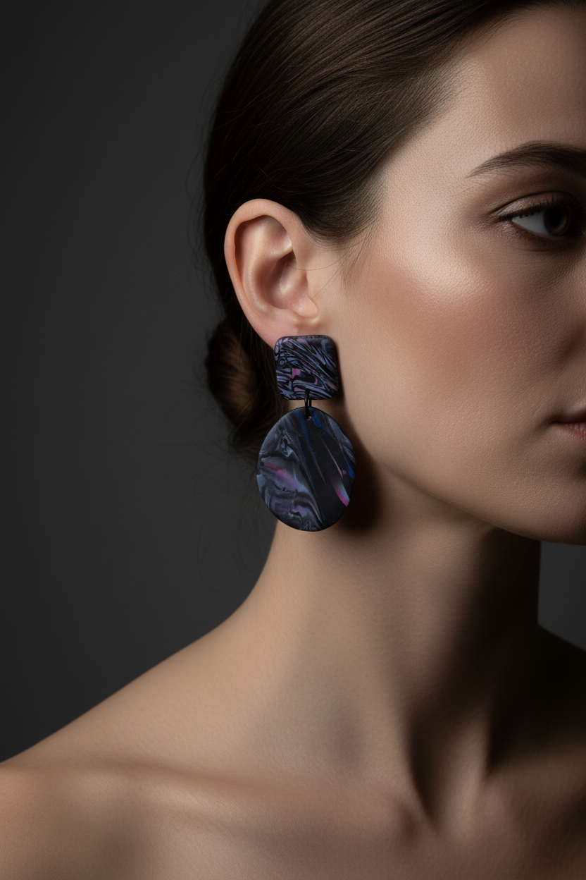 Dark Marbled Oval Earrings On Model