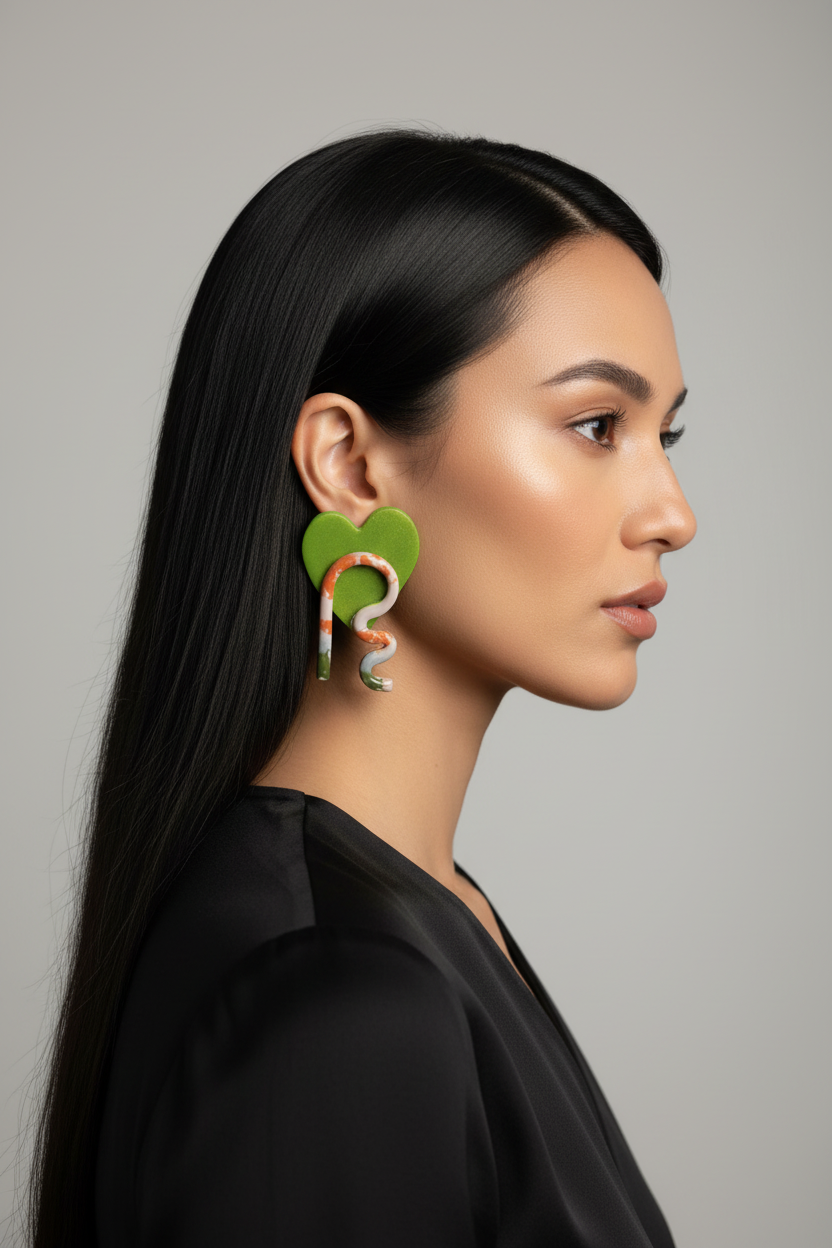 Green heart earring on model
