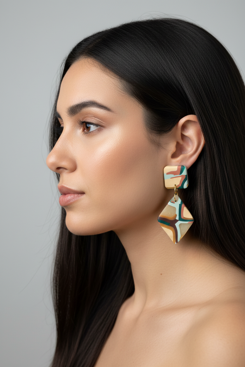 Marbled Beige Kite Earring on Model