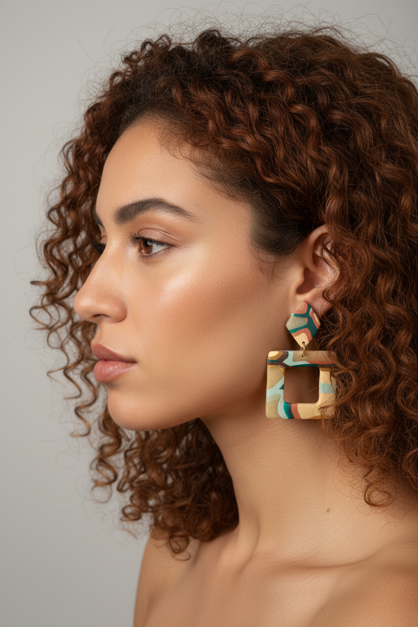 Marbled Square Earrings on Model