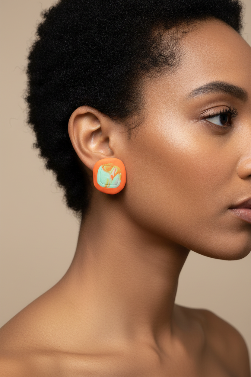Orange stud earring on side profile