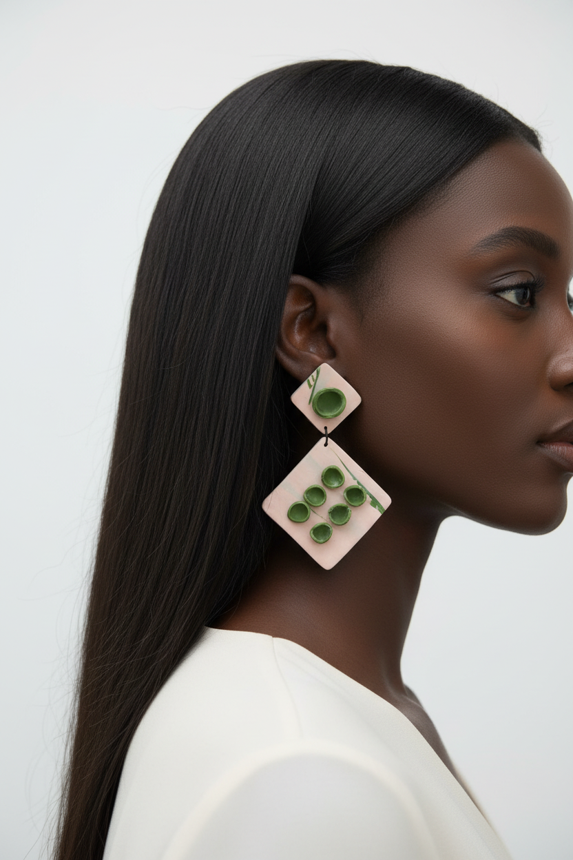 Pink Green Diamond Clay Earring - Black Woman Straight Hair