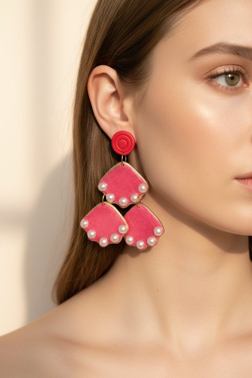 Pink Pearl Earrings On Model