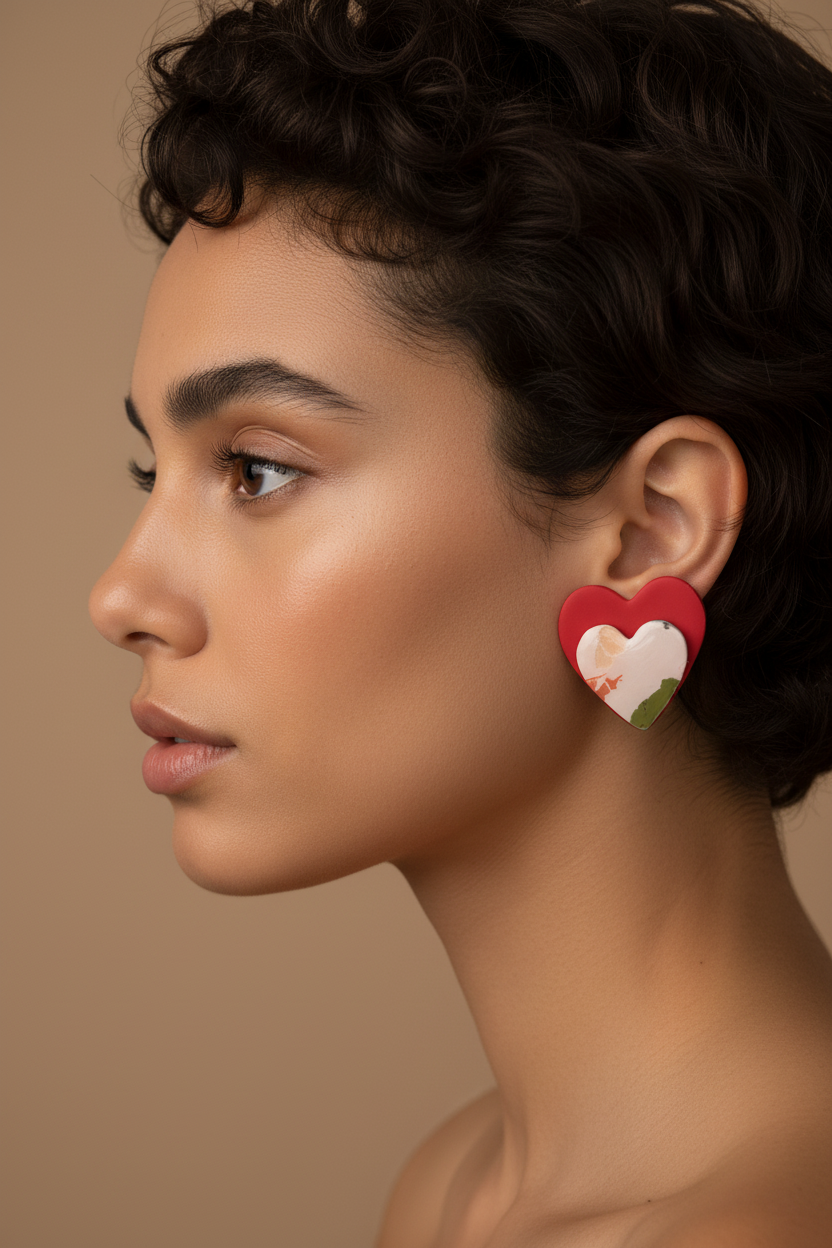 Red Heart Clay Earring - Light Skin Mixed Woman Short Curly Hair
