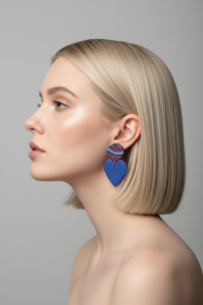 Striped Stud Blue Heart Earring on Model