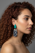 Teal and Marbled Drop Earring on Model