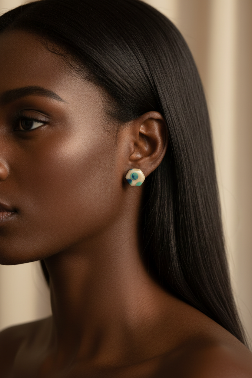 Teal Octagon Stud - Black Woman Straight Hair