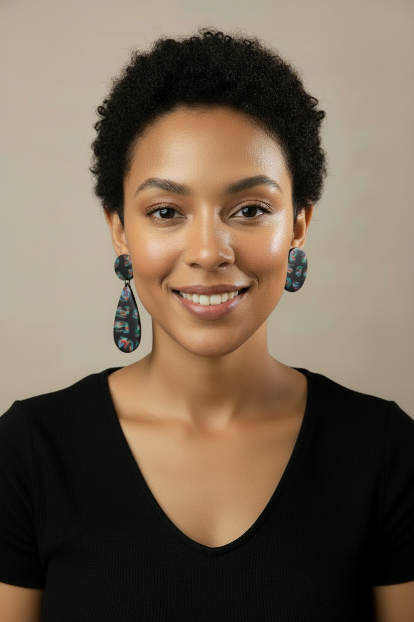Tight Curly Pixie Smiling Model - Mismatched Earrings