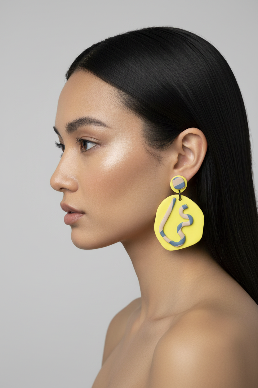 Yellow abstract earring on model