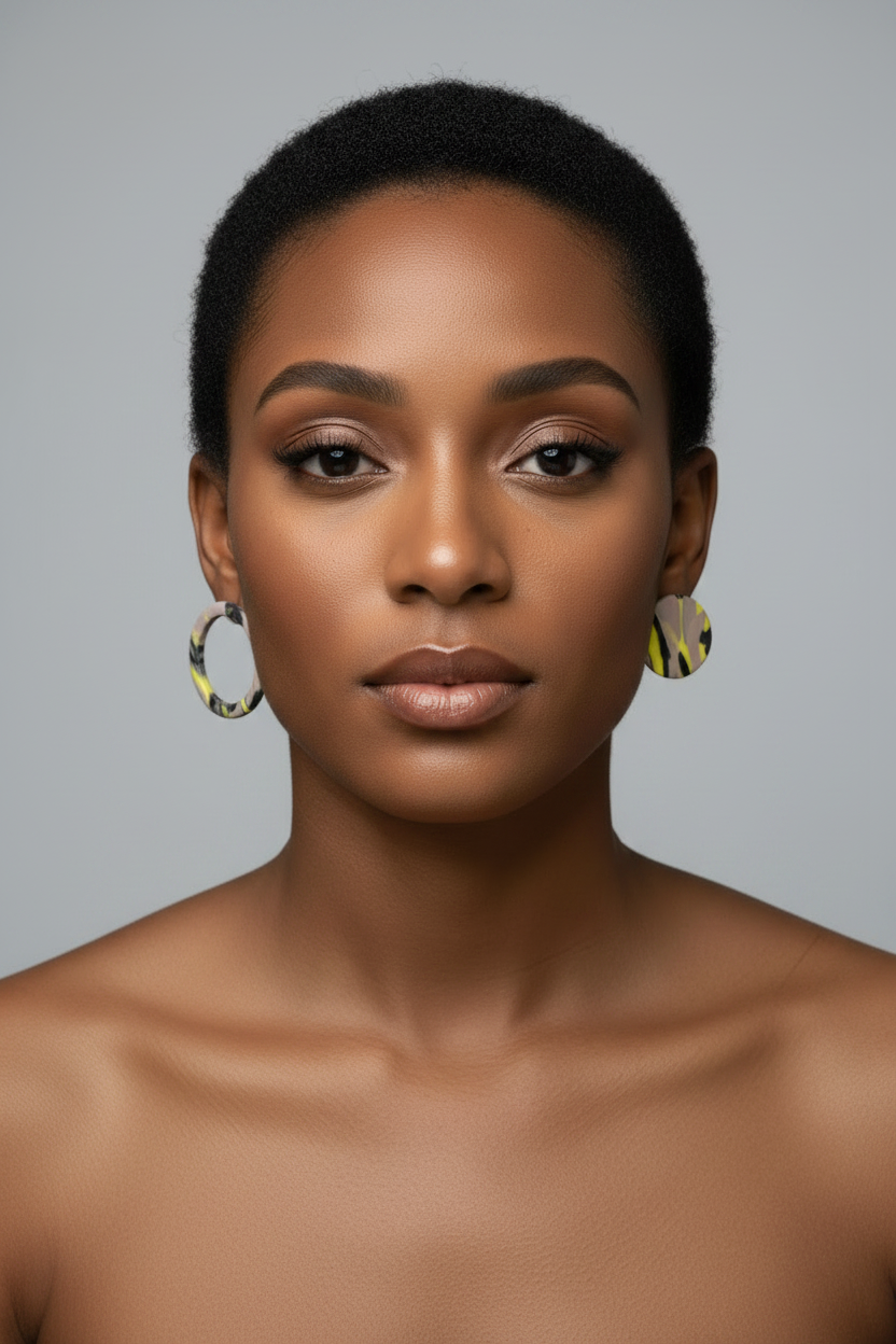 Yellow black circle earrings short hair forward facing